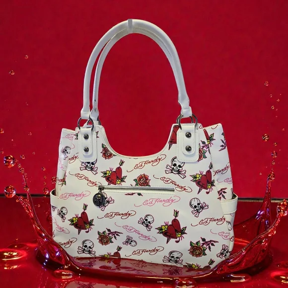 NEW Ed Hardy White Women's Bag With Skull,Rose & Heart Tattoo Designs Y2K NWT - Picture 3 of 6